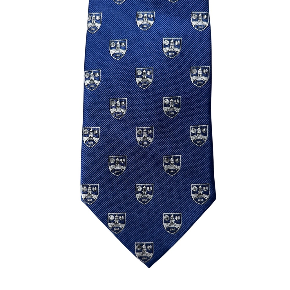Beau Ties of Vermont Mens Silk Necktie Blue Crest 1864 Pattern Custom Made 59in